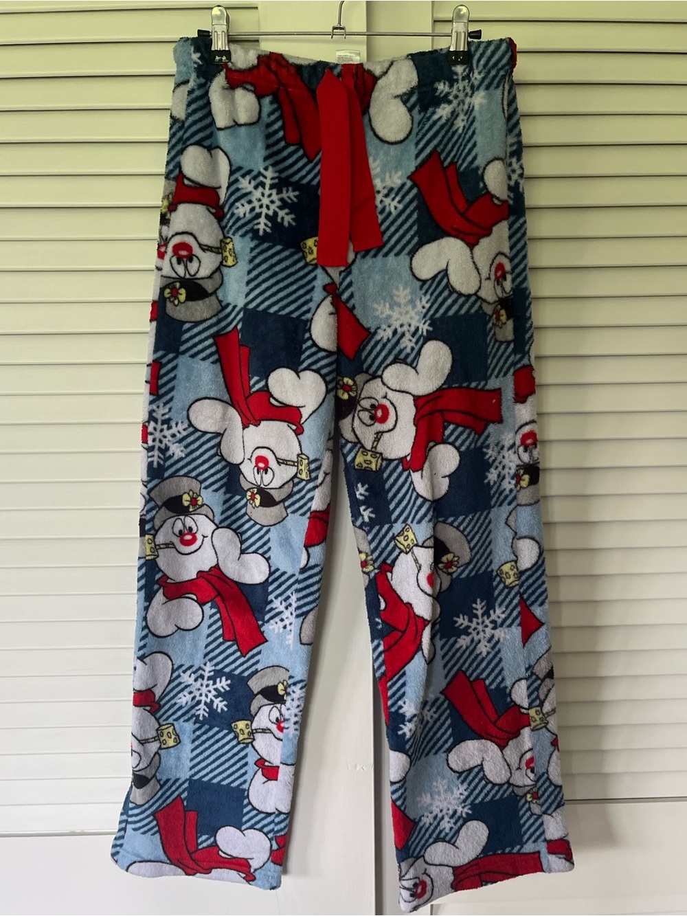 Women’s Blue Snowman Fleece Pajama Pants with Red Accents